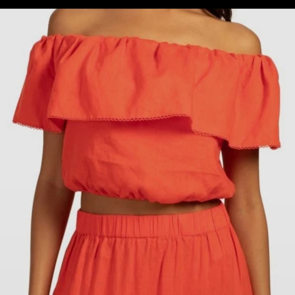 Trina Turk Top, Size XL, Linen, Orange, Off Shoulder Ruffle, Cropped